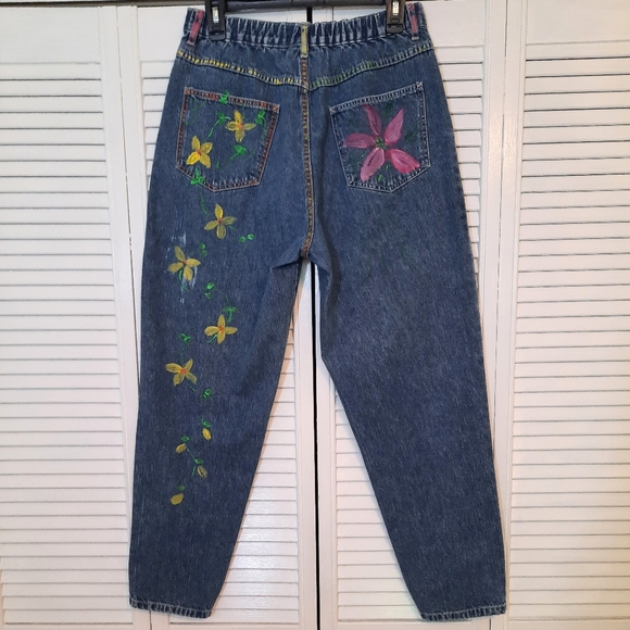 RARE VTG 1980's cotton hi waist pleated boho painted ladybug flor jeans sz 8P *V - Picture 2 of 8